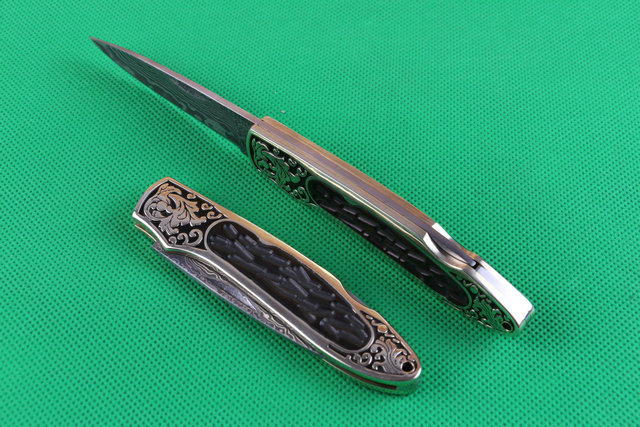 Golden Damascus folding knife UD402153